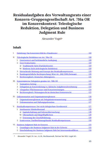 Residualaufgaben des Verwaltungsrats einer Konzern-Gruppengesellschaft Art. 716a OR im Konzernkon-text: Teleologische Reduktion, Delegation und Business Judgment Rule